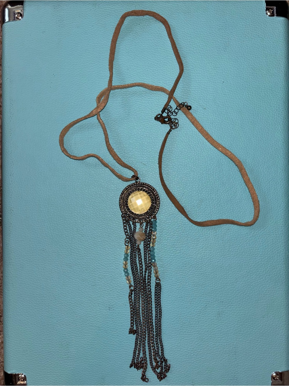 Boho Fringe Pendant Necklace with Gold-Tone Center and Tan Suede Cord